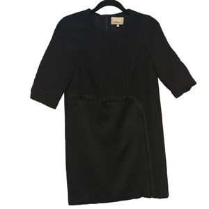 3 1 Philip Lim black stripe wool silk mid length sleeve leather look dress